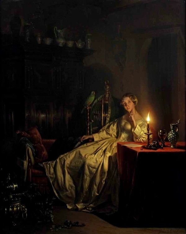 An interior with an elegant lady in a white satin gown and a parrot by Petrus van Schendel